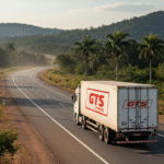 Caminhão de mudanças moderno branco com logo fictício escrito gts express na cor vermelho tipo container, viajando em uma rodovia brasileira de longa distância, cenário com paisagens rurais ao fundo