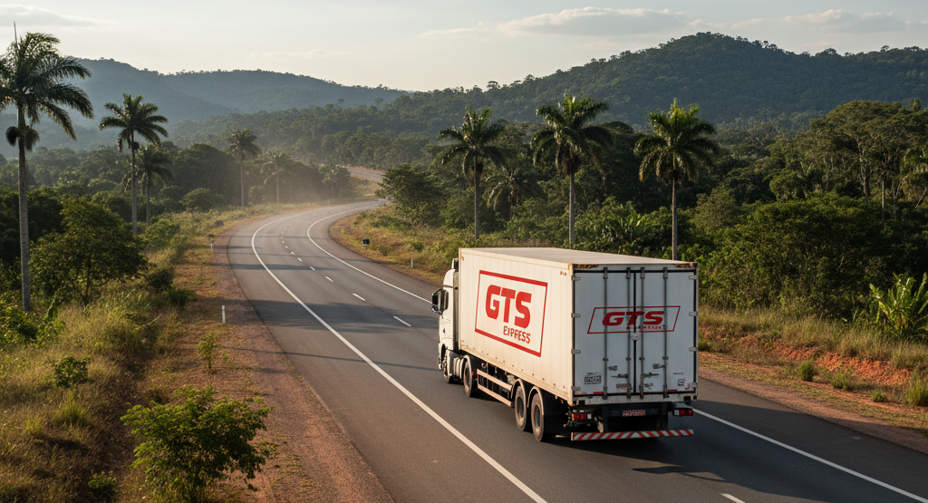 Caminhão de mudanças moderno branco com logo fictício escrito gts express na cor vermelho tipo container, viajando em uma rodovia brasileira de longa distância, cenário com paisagens rurais ao fundo