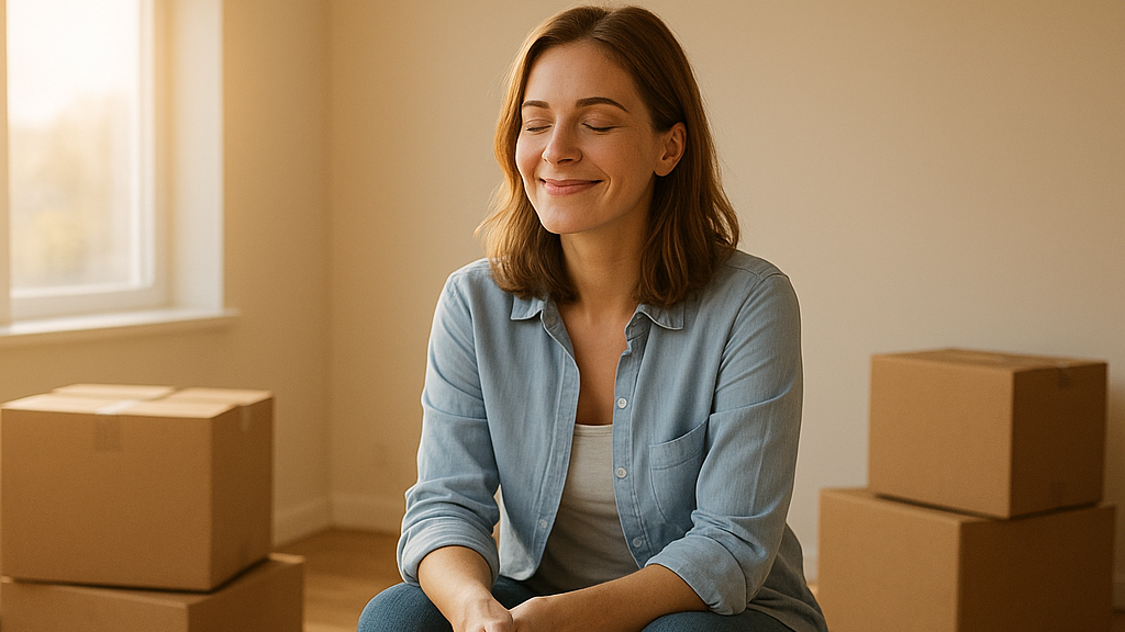 Mulher-sentada-em-caixas-de-mudanca-em-sala-vazia-com-expressao-de-alivio