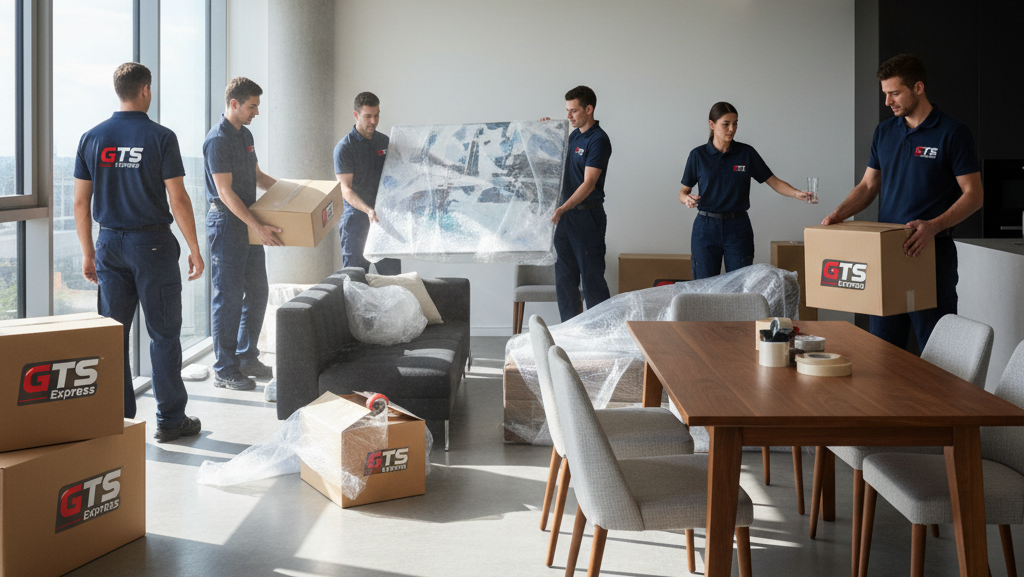 Profissionais-uniformizados-logo-ficticio-escrito-gts-express-na-cor-vermelho-tipo-container-embalando-moveis-e-caixas-em-um-apartamento-prontos-para-uma-mudanca-interestadual