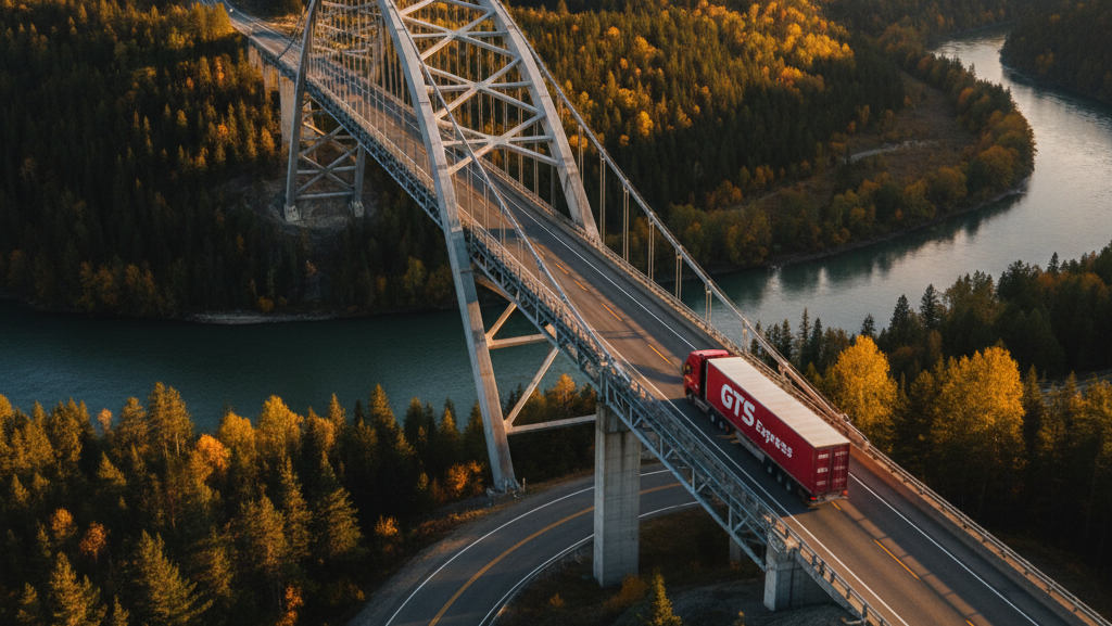 Vista-aerea-realista-de-um-caminhao-bau-logo-ficticio-escrito-gts-express-na-cor-vermelho-tipo-container-atravessando-uma-ponte-em-estrada-federal-representando-viagem-de-1500-km