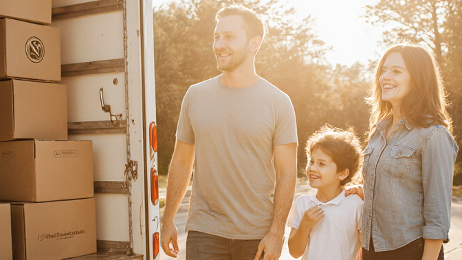 familia-sorridente-observando-seus-pertences-sendo-cuidadosamente-colocados-em-um-caminhao-